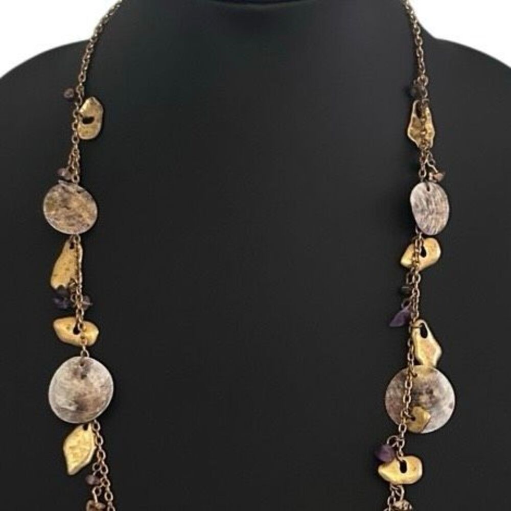 Coldwater Creek Statement Charm Necklace 30" Gold-tone Shells & Amethyst Charms - Picture 6 of 8